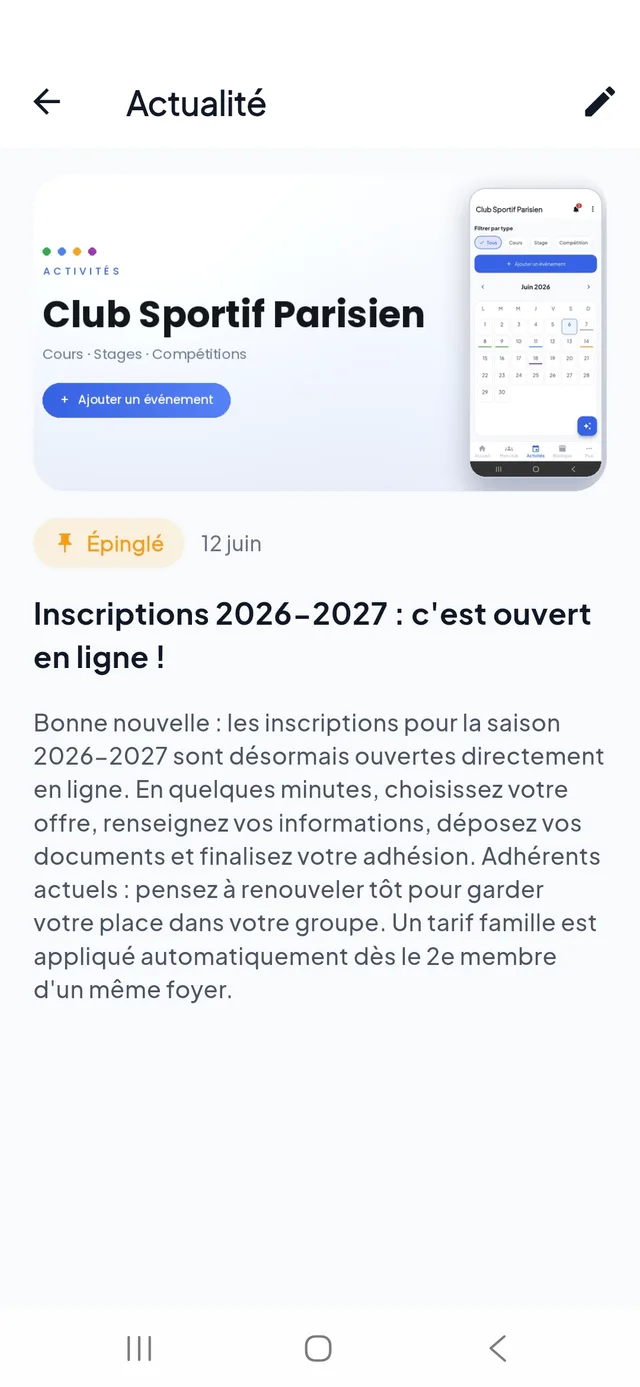L'actualité publiée par le club, reçue dans l'application mobile Digital-Club
