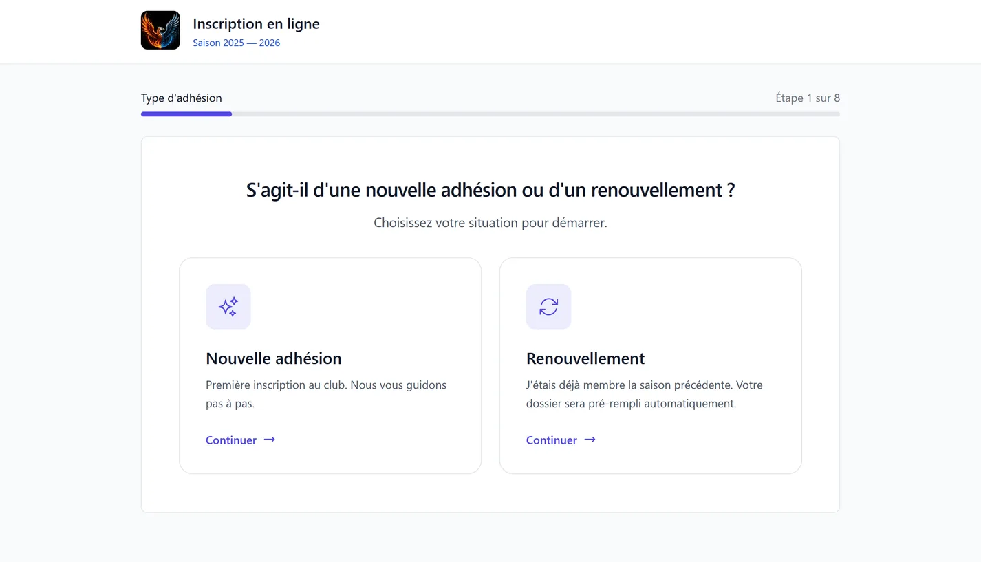 Première étape du dossier d'inscription : nouvelle adhésion ou renouvellement pré-rempli automatiquement