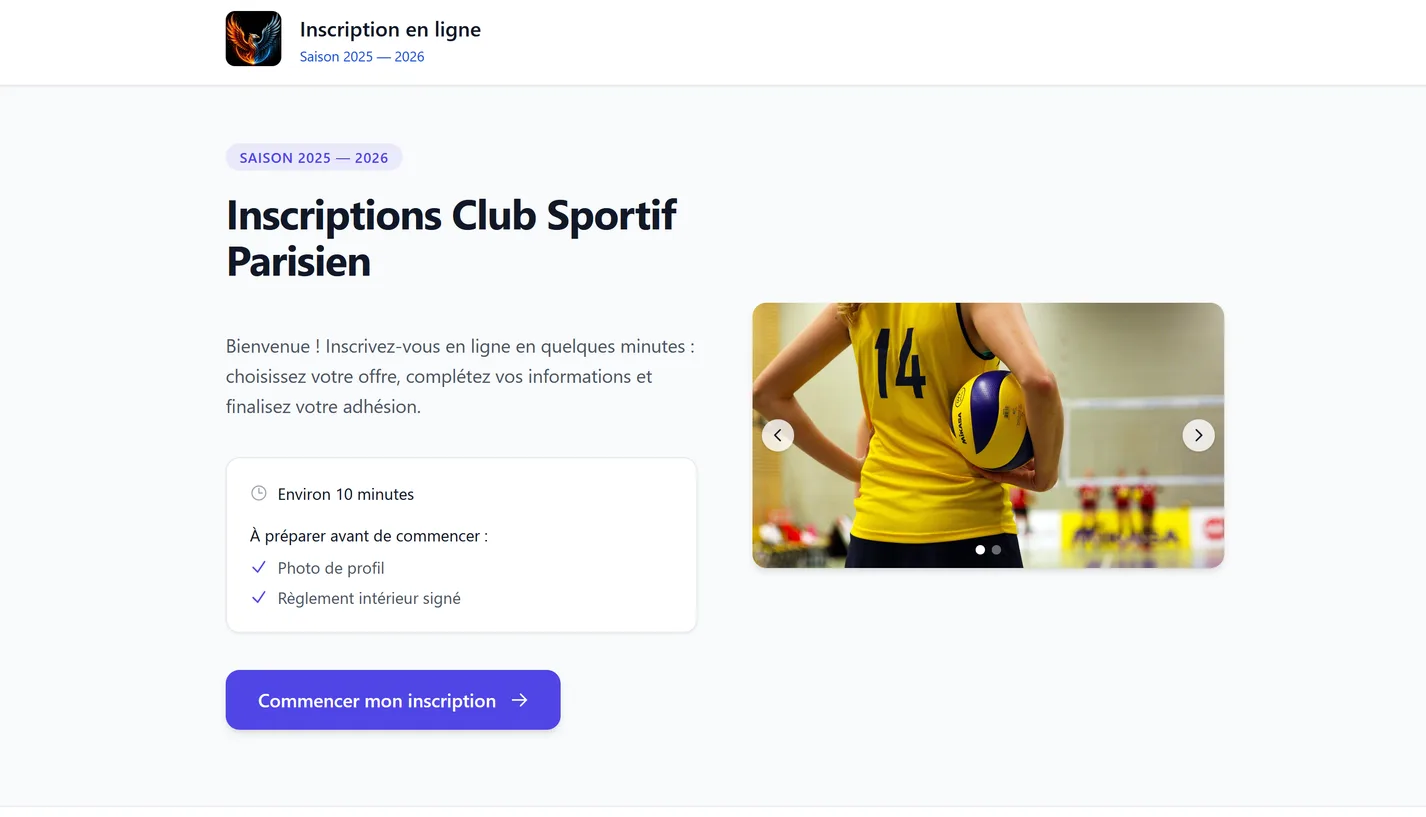 Page d'inscription en ligne du club sur Digital-Club : accueil personnalisé de la saison et bouton « Commencer mon inscription »