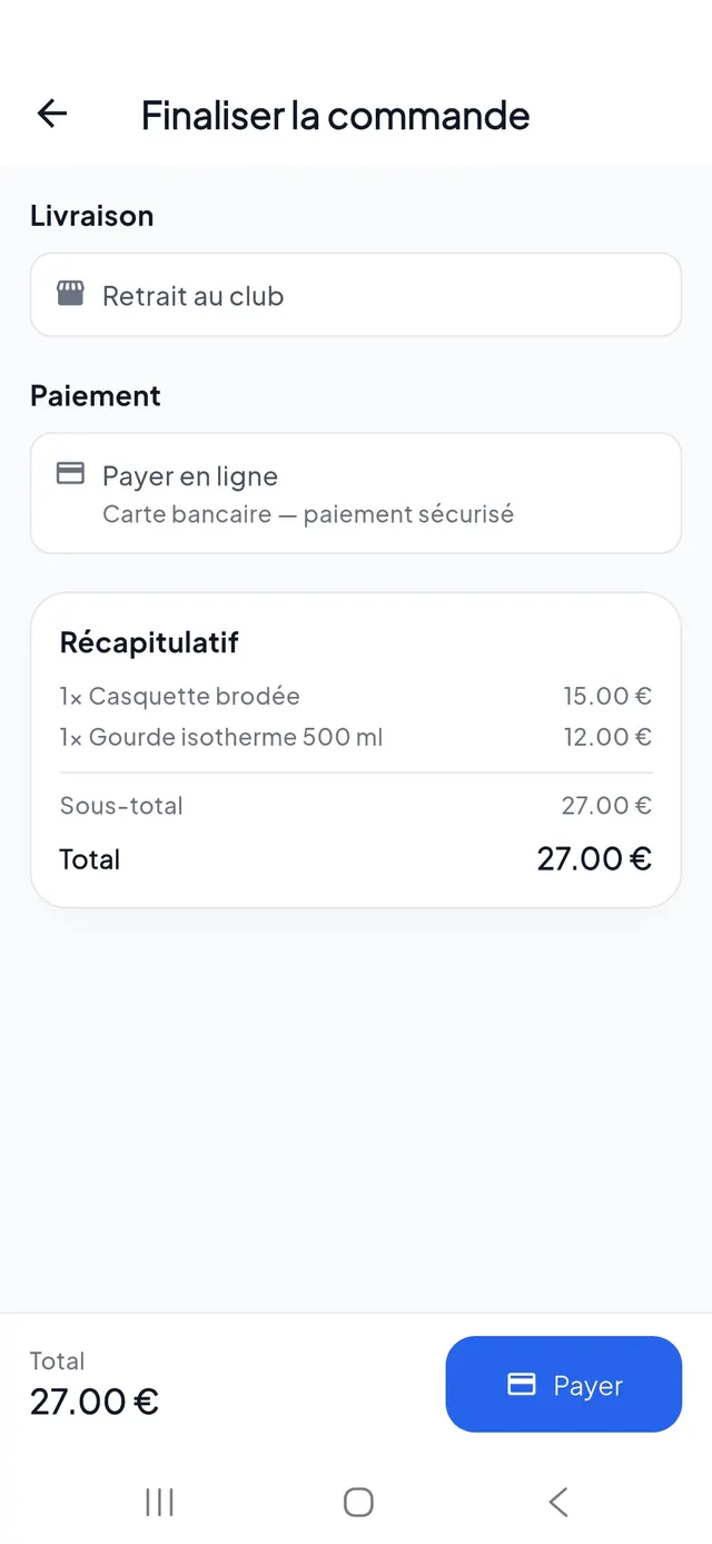Paiement d'une commande boutique depuis l'application mobile Digital-Club
